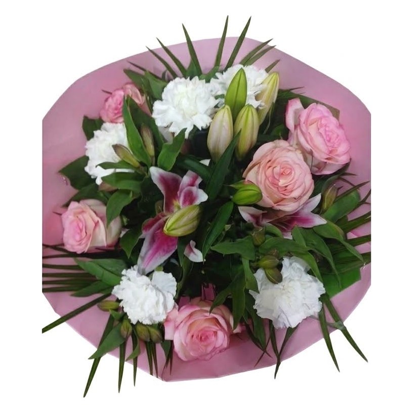Roses, œillets blancs & lys